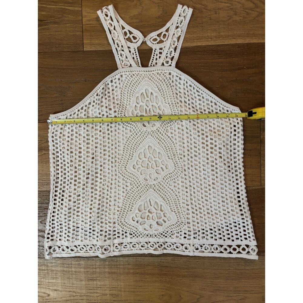 Ultra Pink Cream Crochet Halter Tank Top Boho Festival Lace Knit Sz L - Picture 3 of 7